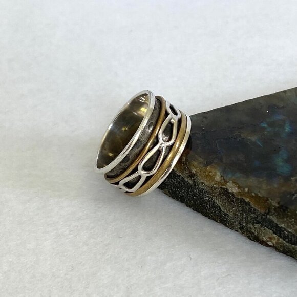 Sterling Silver 925 India Two Tone Brass Wide Multiple Band Spinner Ring Sz 7.5 - Picture 4 of 14